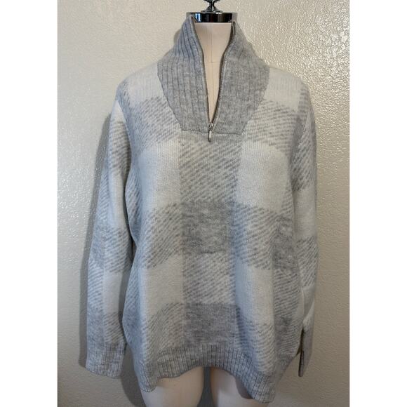 Craft & Barrow Women Checkered Long Sleeve Sweater Quarter Zip White Gray PL - Picture 1 of 10